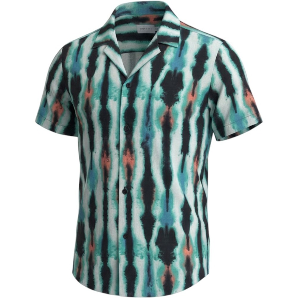 Topman Mens Teal Black Ikat Tie Dye Camp Collar Cotton Short Sleeve Shirt S NWT
